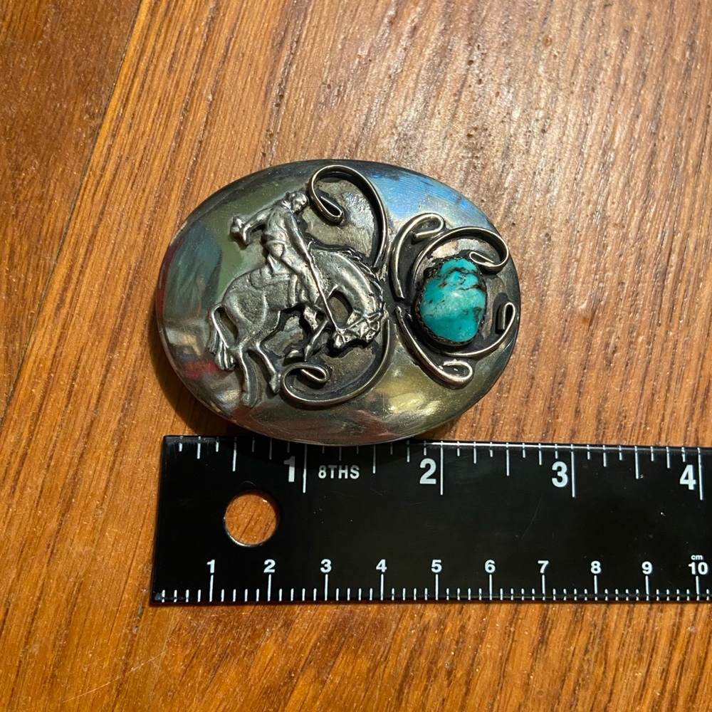 Vintage Western Turquoise Nugget Cowboy Bucking Bronco Rodeo Belt Buckle - Picture 4 of 4